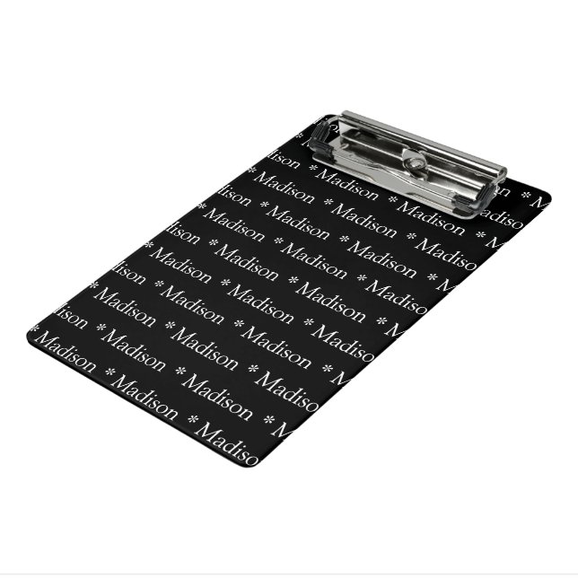 Customisable name text pattern black white mini clipboard (Angled3)