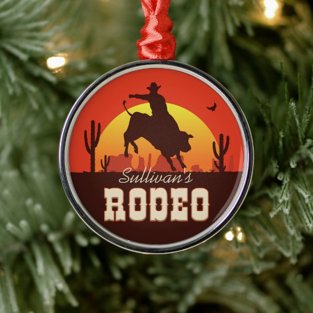 Customisable NAME Western Cowboy Bull Rider Rodeo Metal Ornament (Tree)