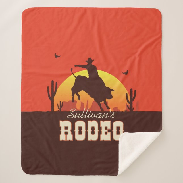 Customisable NAME Western Cowboy Bull Rider Rodeo Sherpa Blanket (Front)