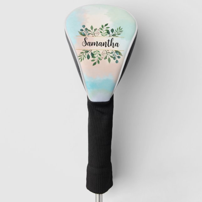 Customisable Name With Green Leaves Design Golf Head Cover (Front)