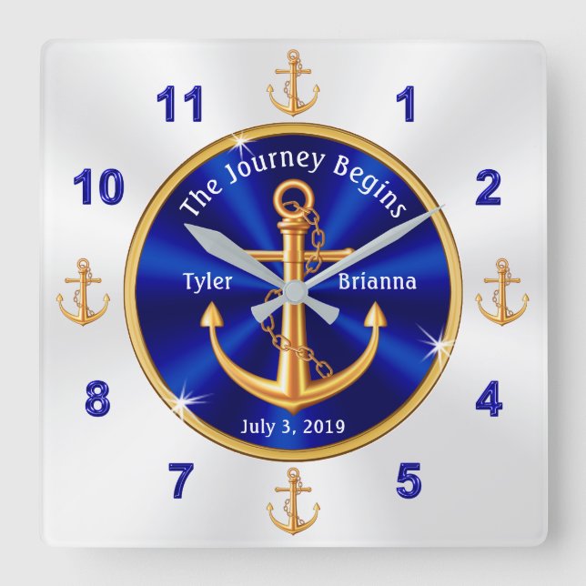 Customisable Nautical Wedding Gifts Anchor Square Wall Clock (Front)