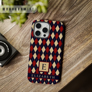 Customisable Navy Blue Red Yellow Argyle Pattern iPhone 15 Pro Max Case