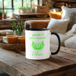 Customisable Neon Halloween Mug - Green Bat Design