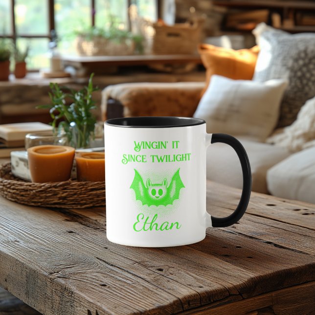 Customisable Neon Halloween Mug - Green Bat Design (Creator Uploaded)