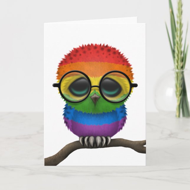 Customisable Nerdy Rainbow Gay Pride Baby Owl Chic Card (Front)
