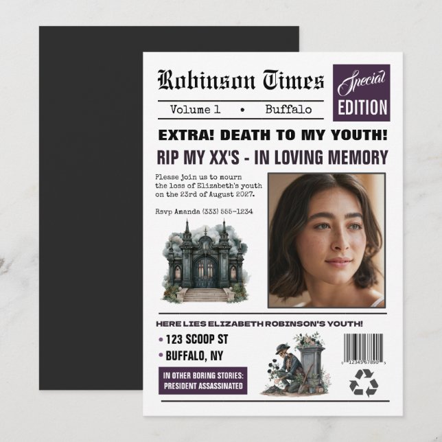 Customisable Newspaper Gothic Birthday Party Invitation (Front/Back)