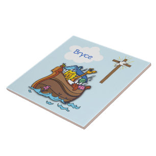 Customisable Noah’s Ark Baby Baptism, Boy Blue Ceramic Tile