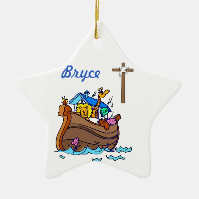 Customisable Noah’s Ark Baby Baptism, Boy Blue Ceramic Tree Decoration (Front)