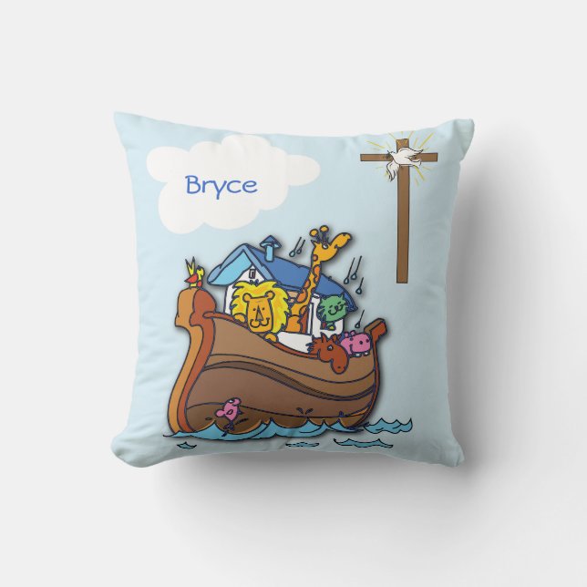 Customisable Noah’s Ark Baby Baptism, Boy Blue Cushion (Front)