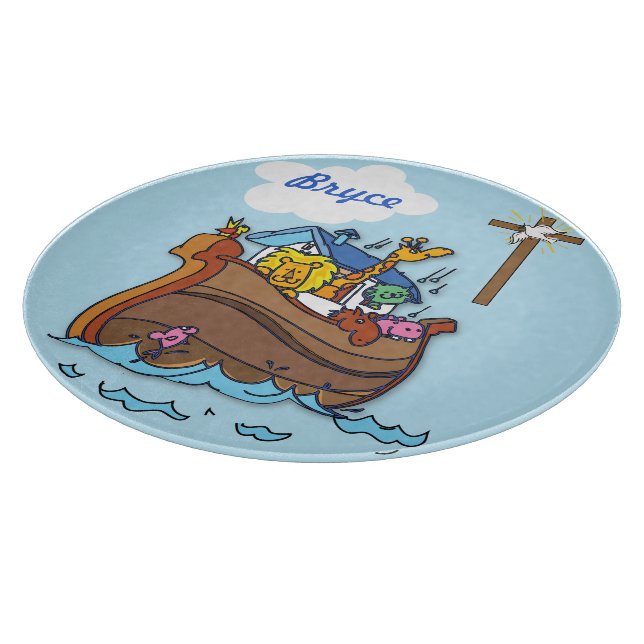 Customisable Noah’s Ark Baby Baptism, Boy Blue Cutting Board (Corner)