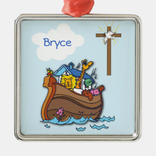 Customisable Noah’s Ark Baby Baptism, Boy Blue Metal Ornament