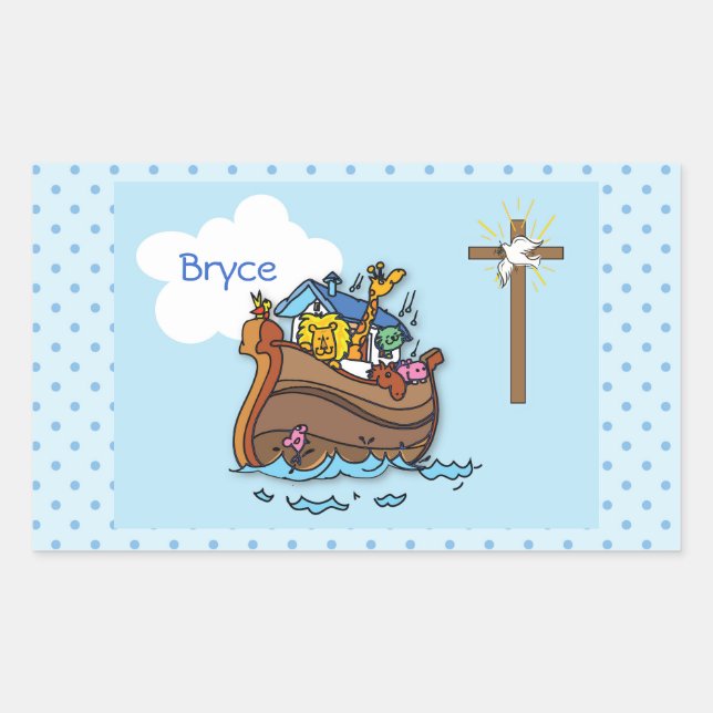 Customisable Noah’s Ark Baby Baptism, Boy Blue Rectangular Sticker (Front)