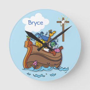 Customisable Noah’s Ark Baby Baptism, Boy Blue Round Clock