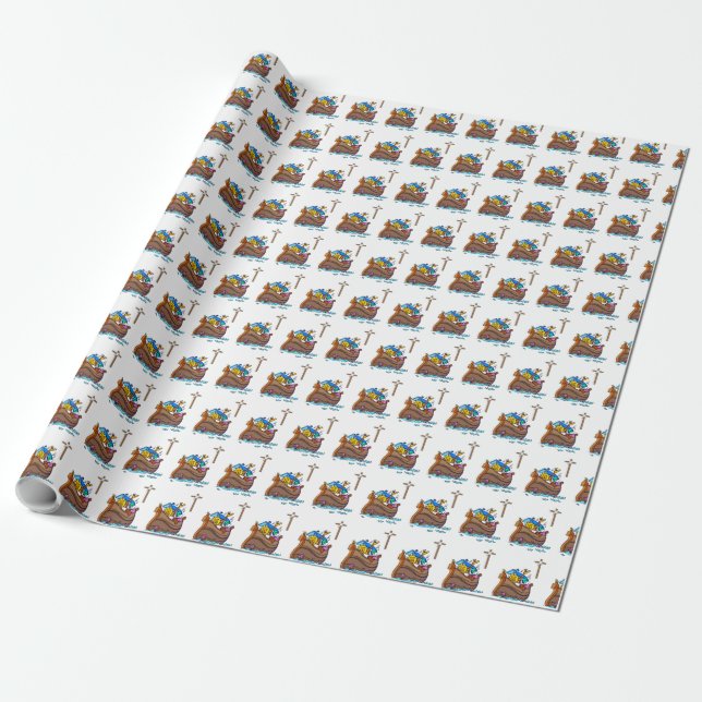 Customisable Noah’s Ark Baby Baptism, Boy Blue Wrapping Paper (Unrolled)