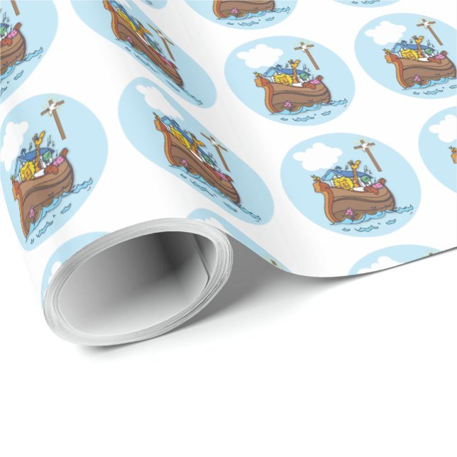 Customisable Noah’s Ark Baby Baptism, Boy Blue Wrapping Paper (Roll Corner)