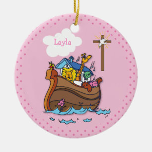 Customisable Noah’s Ark Baby Baptism, Girl Pink Ceramic Tree Decoration