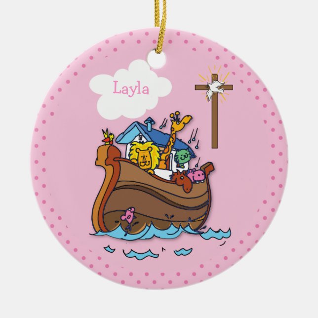 Customisable Noah’s Ark Baby Baptism, Girl Pink Ceramic Tree Decoration (Front)