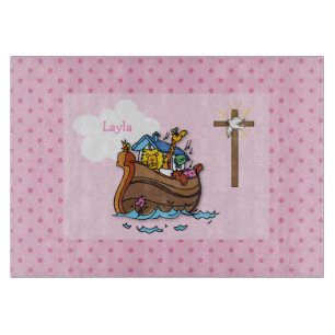 Customisable Noah’s Ark Baby Baptism, Girl Pink Cutting Board