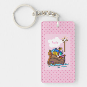 Customisable Noah’s Ark Baby Baptism, Girl Pink Key Ring