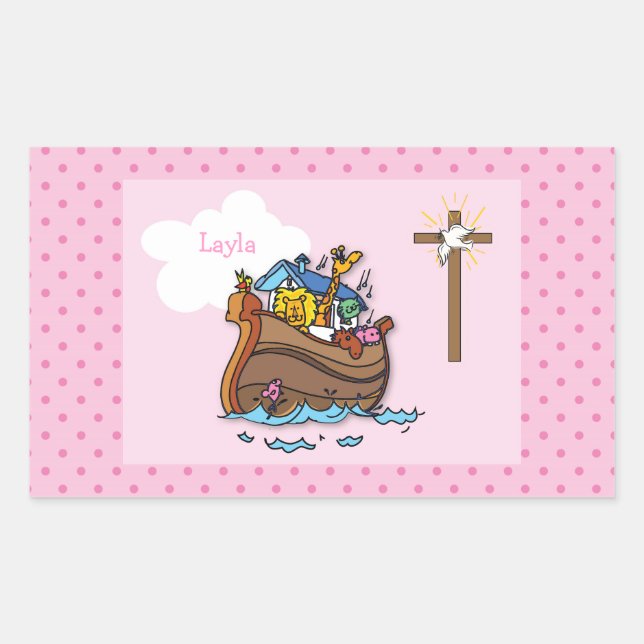 Customisable Noah’s Ark Baby Baptism, Girl Pink Rectangular Sticker (Front)