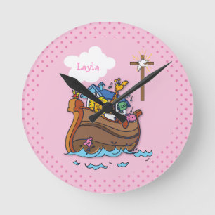 Customisable Noah’s Ark Baby Baptism, Girl Pink Round Clock