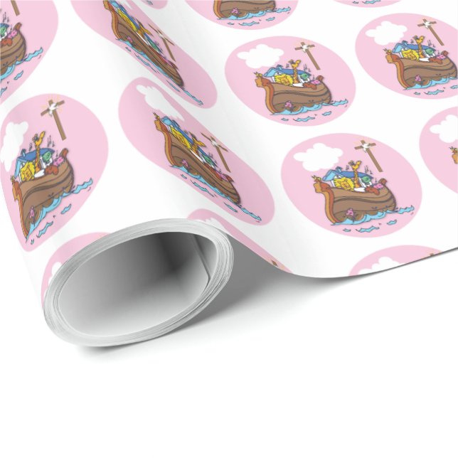 Customisable Noah’s Ark Baby Baptism, Girl Pink Wrapping Paper (Roll Corner)