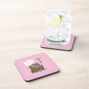 Customisable Noah’s Ark Baptism, Girl Pink Coaster
