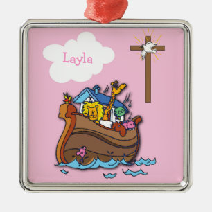 Customisable Noah’s Ark Baptism, Girl Pink Metal Ornament