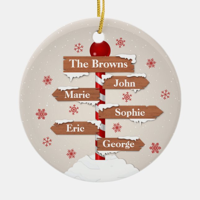 Customisable North Pole 5 Family Names Ceramic Ornament (Front)