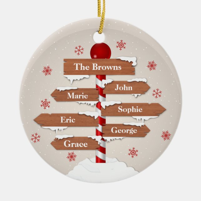 Customisable North Pole 6 Family Names Ceramic Ornament (Front)