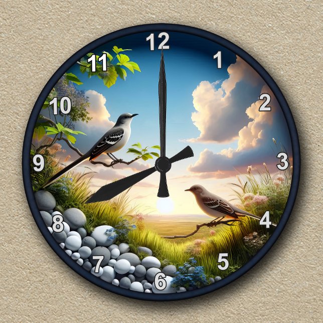 Customisable Northern Mockingbird Nature Scene  Round Clock (Creator Uploaded)