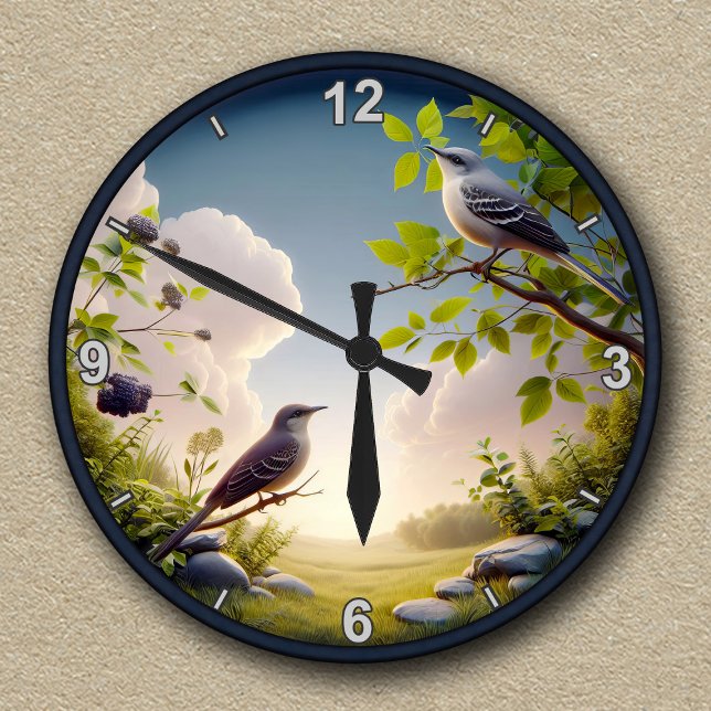 Customisable Northern Mockingbird Nature Scene  Round Clock (Creator Uploaded)