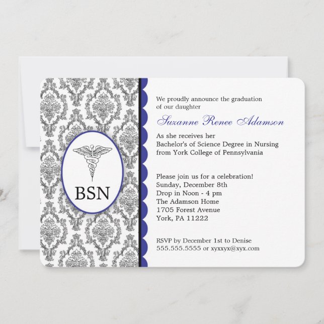 Customisable Nurse Graduation BSN RN blue damask Invitation (Front)