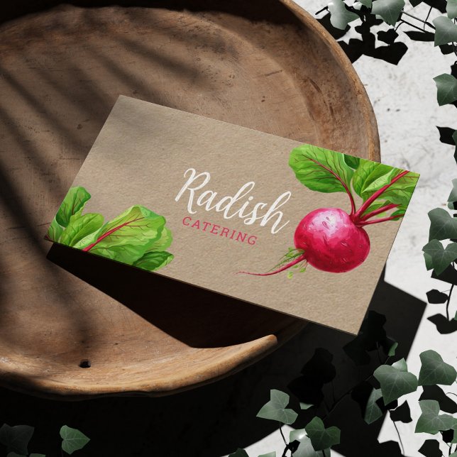 Customisable Nutritionist vegetables Kraft Paper Business Card (Vibrant watercolor radishes on a kraft  cardboard paper business card for nutritionist or caterer.)
