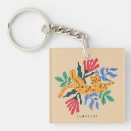Customisable Ocelot Kitty Cat & Matisse Leaves Key Ring