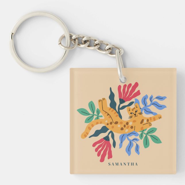 Customisable Ocelot Kitty Cat & Matisse Leaves Key Ring (Front)
