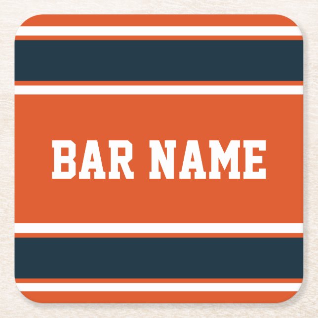 Customisable Orange and Dark Blue Sports Stripes Square Paper Coaster (Front)