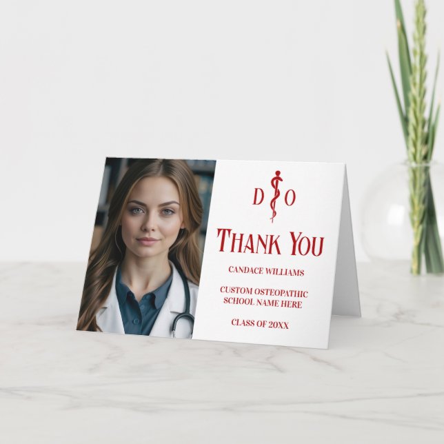 Customisable Osteopathic Medical Doctor Photo Red Thank You Card (Front)