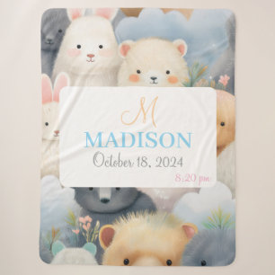 Customisable Pastel Animals with Name & Birthday Sherpa Blanket