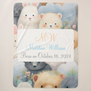 Customisable Pastel Animals with Name & Birthday Sherpa Blanket