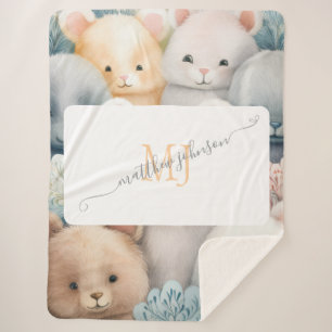 Customisable Pastel Animals with Name & Monogram Sherpa Blanket