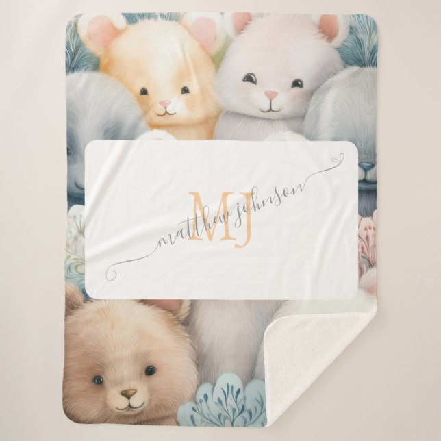 Customisable Pastel Animals with Name & Monogram Sherpa Blanket (Front)