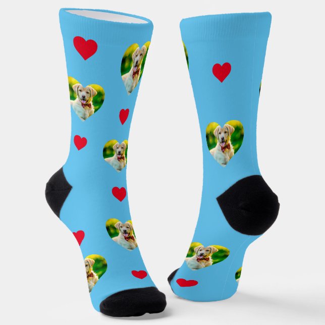 Customisable Pet and Hearts Pattern Sky Blue Socks (Angled)