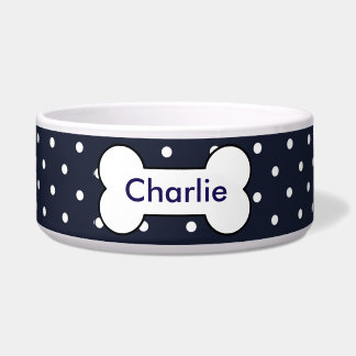Customisable pet bowl navy blue, white dots, bone