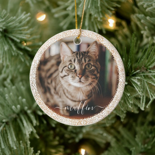 Customisable Pet Cat Photo Gold Glitter Christmas Ceramic Ornament (Tree)