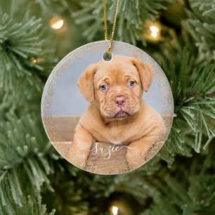 Customisable Pet Dog Photo Gold Glitter Ceramic Ornament