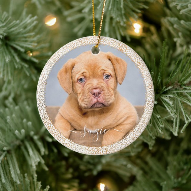 Customisable Pet Dog Photo Gold Glitter on White Ceramic Ornament (Tree)