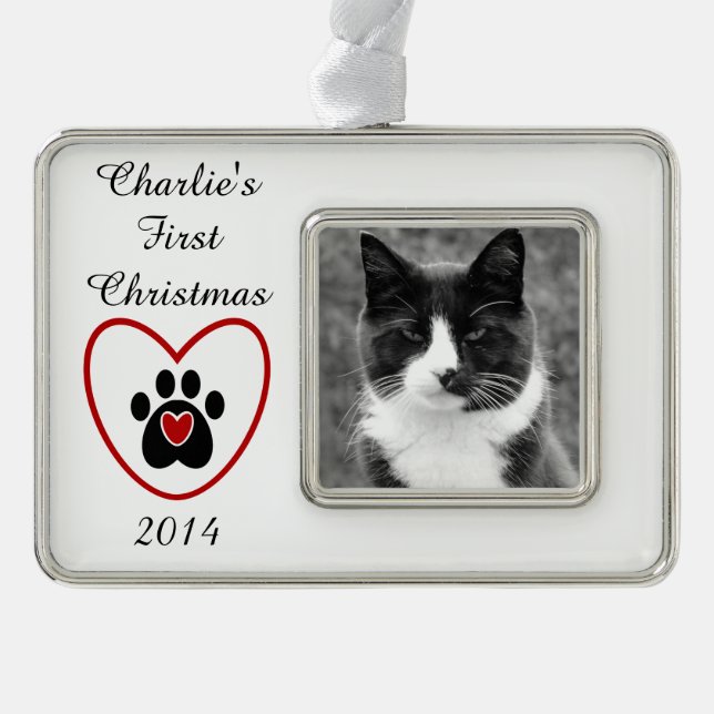 Customisable Pet's First Christmas Silver Plated Framed Ornament (Front)
