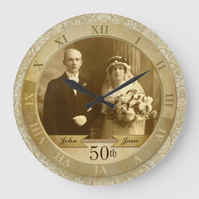 Customisable Photo Clock Gold Damask Roman Numeral (Front)