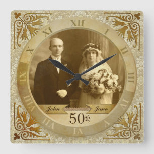 Customisable Photo Clock Gold Damask Roman Numeral